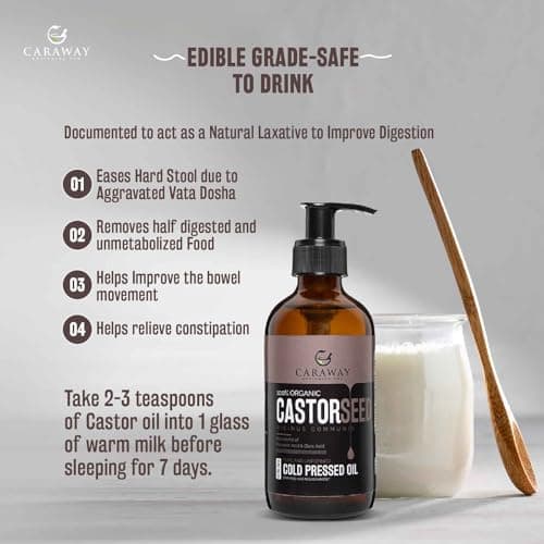 CARAWAY Organic Cold Pressed Castor Oil – Edible for Constipation Relief & Hexane-Free Castor Oil for Hair Growth, liver detox Skin & Joint pain glass bottle – 236 ml / 8 oz 2
