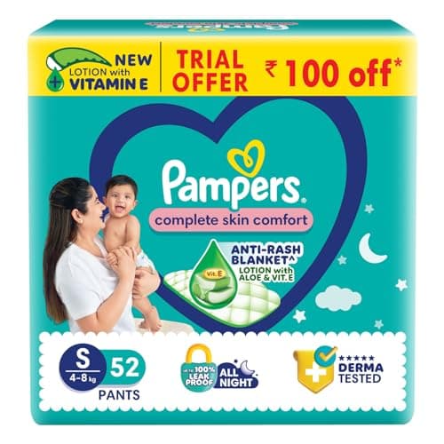 Pampers Complete Skin Comfort Pants, (SM) 52 Count, Anti-rash blanket, Lotion with Vitamin E & Aloe Vera, Small size baby diapers, 4-8 kg