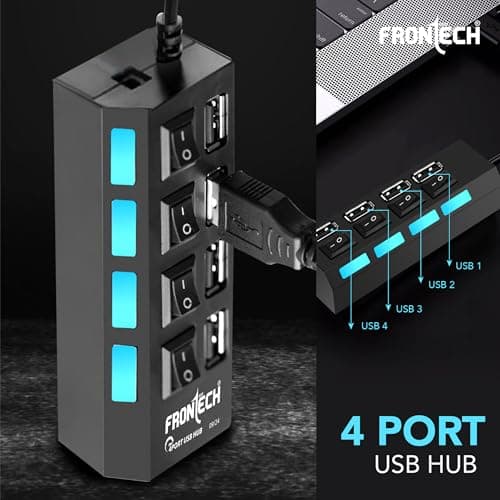 Frontech 4-Port USB Hub with Individual On/Off Switches, LED Indicators, 40 cm Cable, Optional Power Input Port, Plug-and-Play Multi-Device Connectivity, Backed with 1 Year Warranty 2