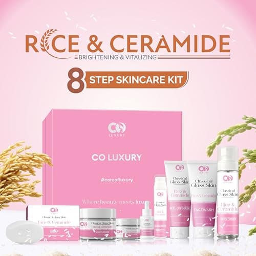 CO Luxury Rice & Ceramide 8-Step Classical Glass Skin Care Kit | Moisturizer,Facewash,Toner,Sunscreen,Peel-Off Mask,Serum,Eye Cream & Soap | Brightening, Hydrating & Even Tone ( Set of 8 Items) 2