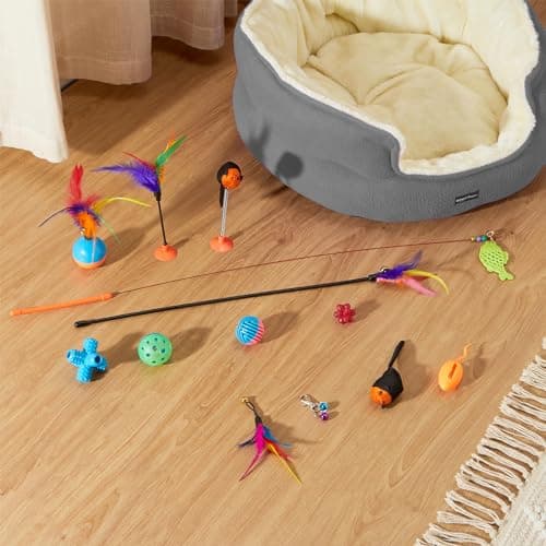 Amazon Basics Cat Toy Set | 13 Interactive Toys | Spring Mouse | Feather Stick | Fishing Rod | Rattling Bells | Playing Balls | Feather Balls | for Kittens & Cats (Multicolour) 6