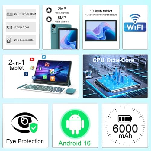 CUPEISI Android 13 10" Tablet, 2024 Newest 12GB Ram + 128Gb Rom/1Tb Expandable Tablets Pc, 2 In 1 Tablets with Keyboard, 2.0GHz Quad-Core CPU Hd Screen, Certified by Google 5G Wifi 6 Bt 2
