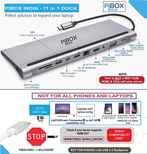 PIBOX India, 11 in 1 USB C Dock Adapter Type C Hub, 3X USB 3.0, Ethernet, VGA, 4K HDMI Port,SD/TF Card Reader,PD Charging Port and 3.5mm Audio for MacBook, Thunderbolt 3.0 laptops 2