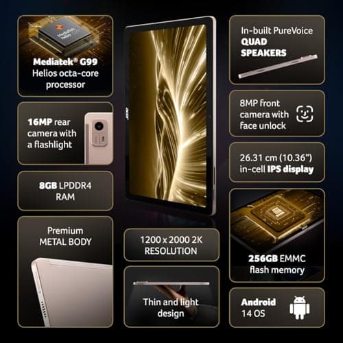 acer Iconia Tab iM10-22 | 10.36" 2K IPS Display, Quad Speakers, 8GB RAM + 256GB Storage, 16MP Rear + 8MP Front Camera, Fingerprint Reader, Wi-Fi + 4G LTE(Calling), Android 14, Slim Metal Body, Gold 2