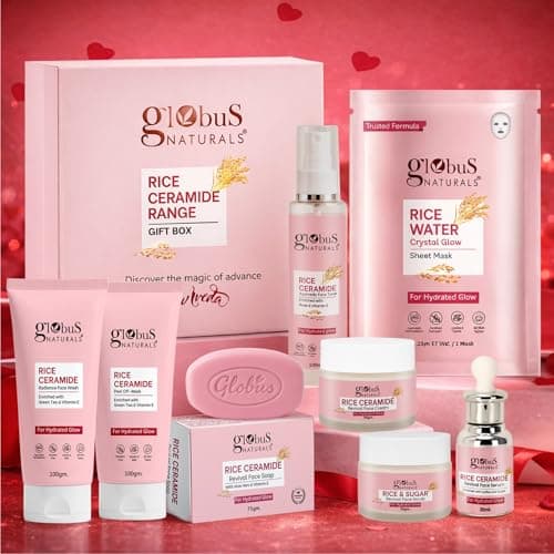 Globus Naturals Valentine Special Rice Ceramide Korean Glass Skin 8 Step Skincare Gift Set | Face Wash, Scrub, Cream, Serum, Toner, Peel off Mask, Sheet Mask, Soap | Brightening & Glow Care for Men & 