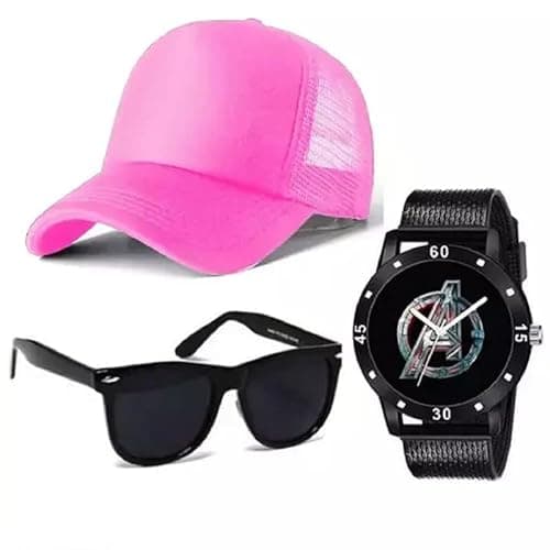 CAPITEUM Combo Pack of 3 Stylish Dial Watch, Stylish Sport Baseball Cap & Stylish Sunglasses for Men's and Boy's (Pack of 3) Black