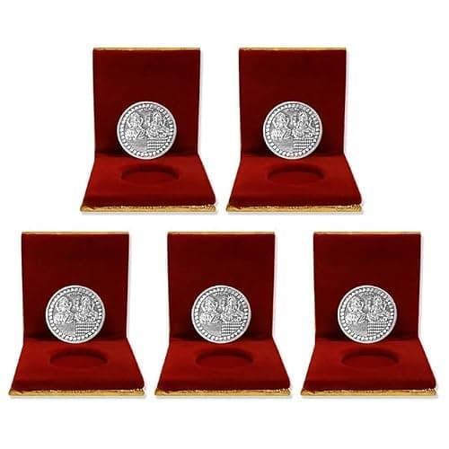 German Silver Coins 10 Grams Silver Plated for Diwali Gift Items for men, women, staff, customer, clients, corporate with Velvet Gift Box (Pack of 5) Dhanteras