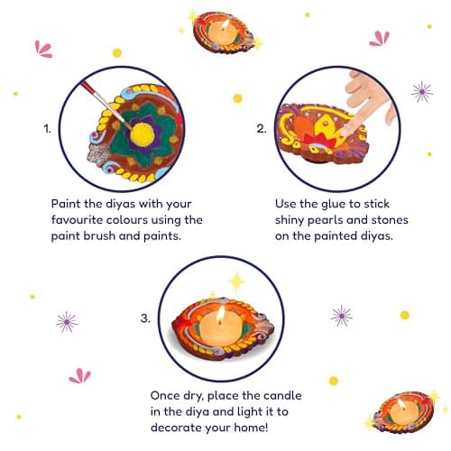 Handycrafts Funskool Diya Decor Kit, DIY Arts & Crafts Activity Set, Paint & Decorate Terracotta Diyas, Mess-Free, Creative STEAM Activity for Boys & Girls, Gift for Kids Ages 5,6,7,8,9+ 3