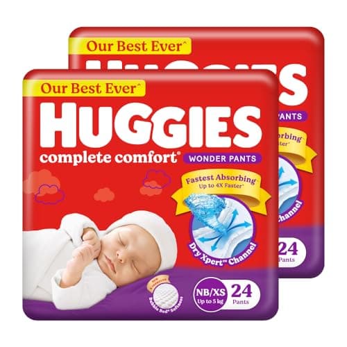 Huggies Complete Comfort Wonder Pants | Pant Style Baby Diapers New Born / XS Size, 48 Count | India's Fastest Absorbing Diaper, Patented Dry Xpert Channel, Ideal for 0-5 Kgs