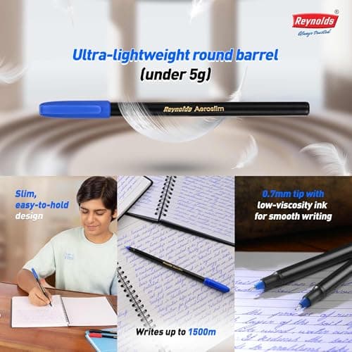 Reynolds AEROSLIM Ball Pen SET - 70 PENS (60 BLUE, 5 Black, 5 Red) | PEN WITH COMFORTABLE GRIP |BALL PENS FOR WRITING | PEN FOR STUDENTS & OFFICE STATIONERY | 0.7 mm TIP SIZE 3