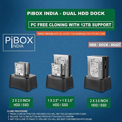 PiBOX India, Dual Bay USB 3.0 to SATA I, II, III Hard Drive Docking Station Upto 12TB for 2.5 or 3.5in HDD, SSD with Hard Drive Duplicator Offline Clone and Auto Sleep and UASP - Top-Loading Design 4