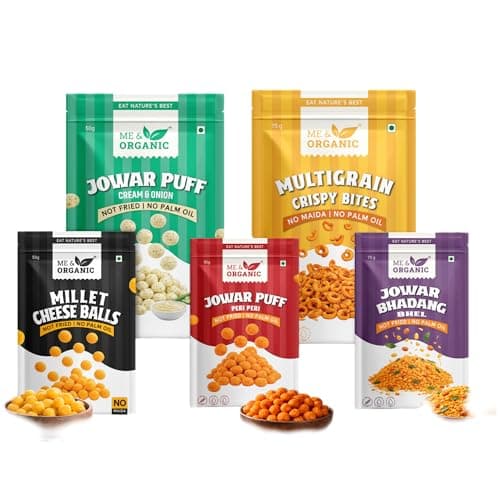 ME&ORGANIC Premium Healthy Snacks Combo – Jowar Puffs Peri Peri, Cream & Onion Jowar Puffs, Millet Cheese Balls, Jowar Bhandang Bhel & Multigrain Crispy Bites | Wholesome, Crunchy, Guilt-Free Snacking