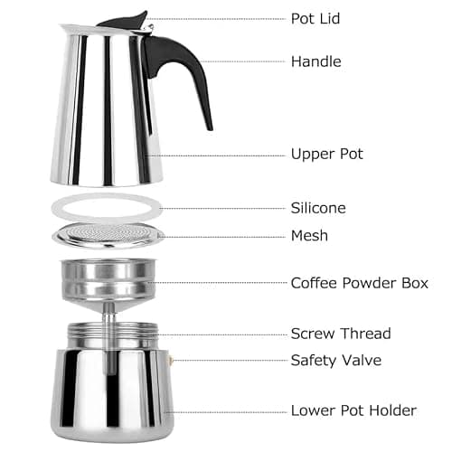 HOMETIC Stainless Steel Stovetop Espresso Maker Italian Style Moka Coffee Pot with Ergonomic Handle, 2-4-6 Cup Capacity, Durable & Easy-to-Use for Rich, Full-Bodied Coffee at Home (2 Cups) 4