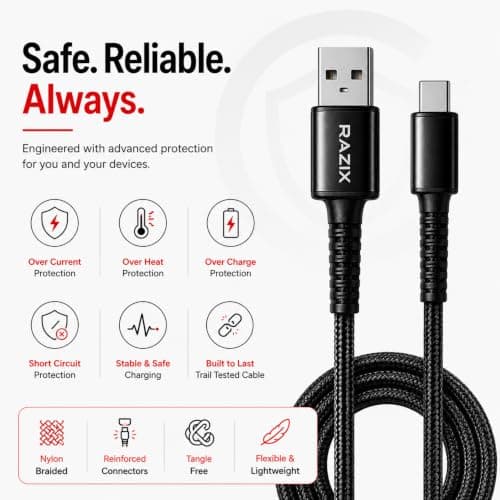 Razix LINK X 60W USB-A to Type-C Fast Charging Cable (1m, Black) 2