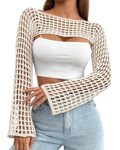 CAMNOW Womens Crochet Crop Tops Y2k Knit Shrug Sweater Hollow Out Long Sleeve Bikini See Through Cover Ups, Beige, S