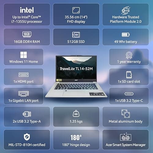 acer TravelLite Business Laptop, 13th Gen, Intel Core i7-1355U Processor (Windows 11 Home/16 GB RAM/512 GB SSD) TL14-52M with 35.5 cm (14") Full HD IPS Display, 1.38 kg 2