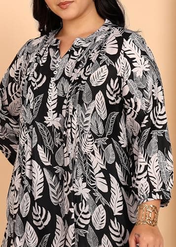 Yash Gallery Women’s Plus Size Black Leaf Print Wrinkle-Free Tunic Top with Pintucks & Button Placket 5