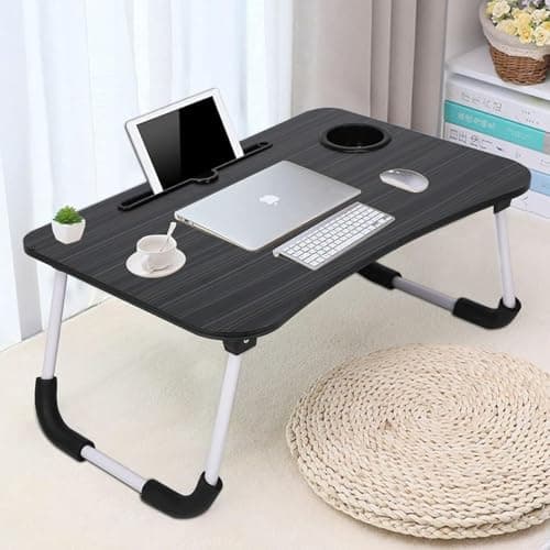 Foldable Wooden Mini Laptop Table for Bed, Smart Study Table with Drawer Kids & Adults (US-COTTEDS .Black.), 60cm, 40cm