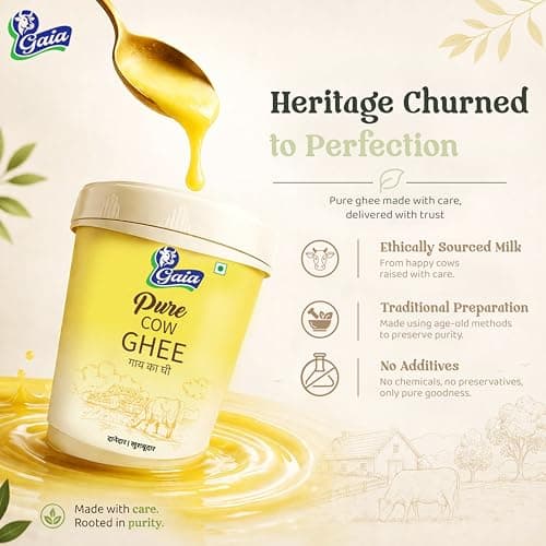 GAIA 100% Pure Cow Ghee 1L | Natural, Healthy & No Added Preservatives | Danedar Texture & Rich Aroma & Flavour| Clarification Method | Immunity Booster | Traditional Ghee for Everyday Cooking 2