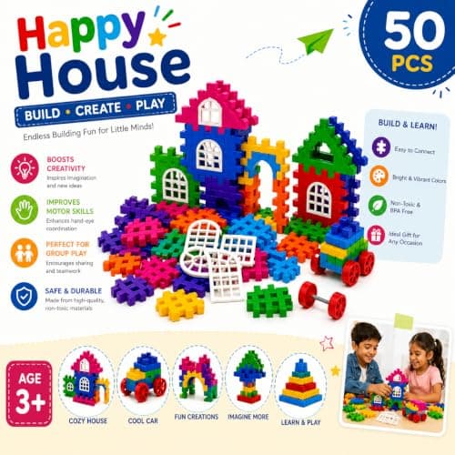 Happy House Building Blocks Set – 50 PCS Educational Construction Toy for Boys & Girls 3