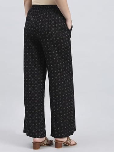 GO COLORS Soft Viscose Printed Palazzo Full Length for Women| Breathable, Mid Rise, Black 5