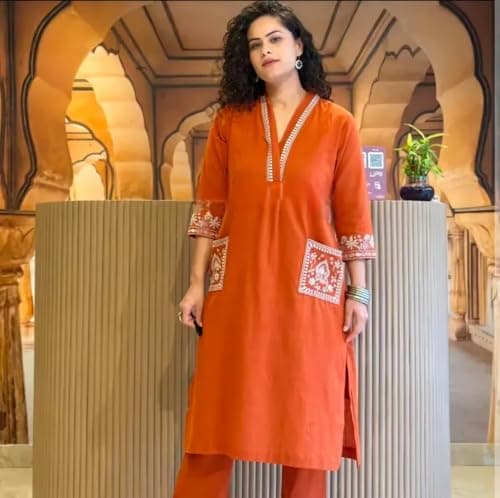Women's Pure Cotton Co Ord Set l Kurta Sets for Women |Kurta Sets| Printed Kurta with Pant l Stylish Pocket & 3/4 Sleeve Women Co-ord Set (IN, Alpha, XL, Regular, Women, Orange) 4