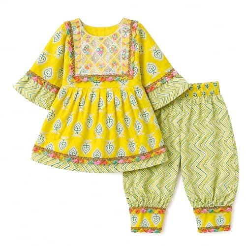 DAWINAR Girls Yellow Printed Peplum Kurta & Patiyala Set | Ethnic Co-Ord Outfit for Kids