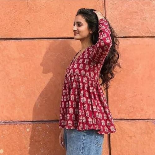 PD CLORI Women's Block Print Peplum Top, V-Neck, Full Sleeves, Floral Print, Casual Wear (in, Alpha, M, Regular, Red) 5