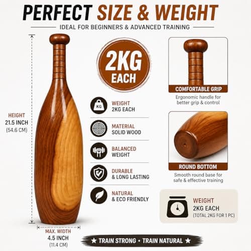 Zain Sports Wooden Mugdar Indian Club 2Kg – Traditional Strength Training Equipment | Clubbell for Shoulder Mobility, Gada Exercise, Functional Workout Tool for Home Gym, Akhada & Wrestling Training 5