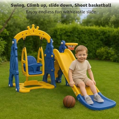 Amazon Brand - Solimo 3-in-1 Garden Castle Slide & Swing for Indoor & Outdoor Use | for Kids 2-8 Years Old | Safe & Fun | Ideal for Boys & Girls | Toy for Kids | Easy Assembly | Multicolor 3