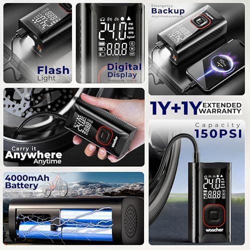 Woscher AirGo 2-in-1 Tyre Inflator for Car and Bike, Air Pump for Car Tyre, 150 PSI Wired & Wireless (4000mAh or 12V DC), Car Inflator | Tyre Inflator Kit | Cycle Pump for Bicycle 2