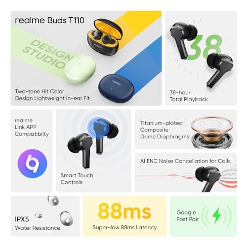 realme Buds T110 Bluetooth Truly Wireless in Ear Earbuds with mic, AI ENC for Calls, Google Fast Pair, 38 Hours Total Playback with Fast Charging and Low Latency Gaming Mode (Punk Black) 2