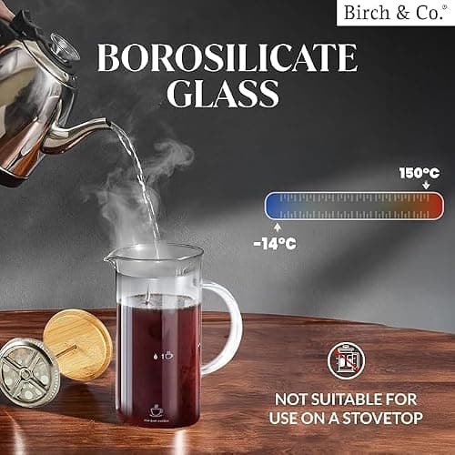 GRILIX French Press Coffee Maker 34 Ounce, Cold Brew Coffee Maker, Stainless Steel French Press Glass, Heat-resistant Thickened Borosilicate Glass, Eco-friendly Bamboo lid, Cork Base 3