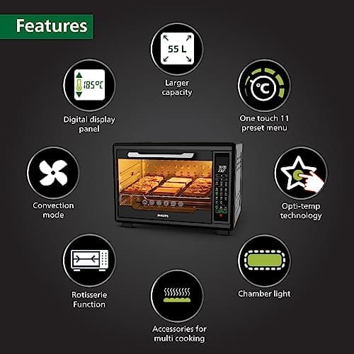 Philips HD6977/00 55 Litre Digital Oven Toaster Grill, 2000W, with Opti Temp Technology, Temperature control, Convection Mode, Chamber light and 11 preset menus, Inner Lamp 2