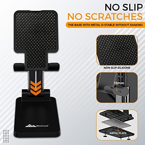 WeCool T2 Foldable and Portable Tabletop Mobile Stand with Stable Base,Height and View Angle Adjustable Phone Stand,Ideal Mobile Holder for Smartphones,Tablets, Kindles 5