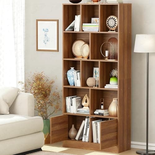 Lukzer 10 Open Cube Bookcase Storage Organizer with 2 Push Latch Doors Cabinet | Engineered Wood Multipurpose Bookshelf Display Rack for Home & Office | DIY Assembly (MR-033/Oak Brown/157x80x30 cm)