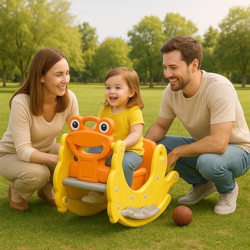 Amazon Brand - Jam & Honey 3 in 1 Frog Foldable Slide, Baby Slide with Rocker & Basketball | with Ball | Foldable Freestanding Indoor & Outdoor Slides| Rideon & Rocker, Multicolor, 18+ Months