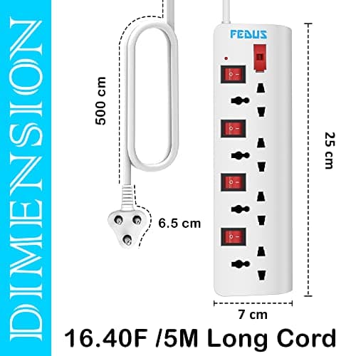Fedus 5 Meter 16.4 Feet Long Extension Board with 4 International Socket Computer, Surge Protectors Spike Buster, 250 Volts, 6 Amp Max 1000 Watt Load, White 5