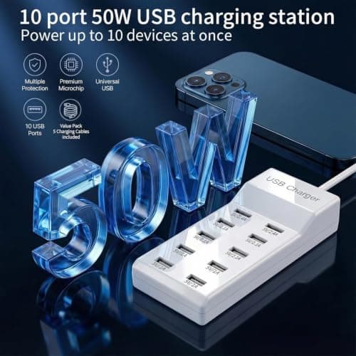 MICROWARE MICROWARE 10-Port USB Charging Station, Portable Desktop Charger for Multiple Devices, Compatible with Phones, Tablets, Bluetooth Earbuds and Other USB Devices 4