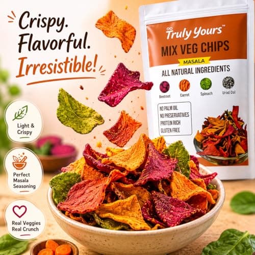 Truly Yours Mix Veg Chips Masala | Healthy Vegetable Chips Snack Made with Beetroot, Carrot, Spinach & Methi Dana | Gluten Free | No Palm Oil | No Preservatives | Crunchy Kids & Tea Time Snack 4