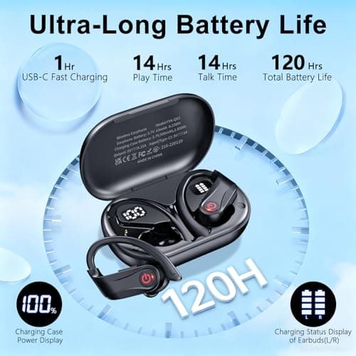 2026 Wireless Earbuds 120hrs Bluetooth 6.1 Headphones Sports Ear Hook with Mic, Noise Canceling Ear Buds with Charging Case, Easy Button Controls Dual LED Display Case Sweat and Water Resistant Black 2