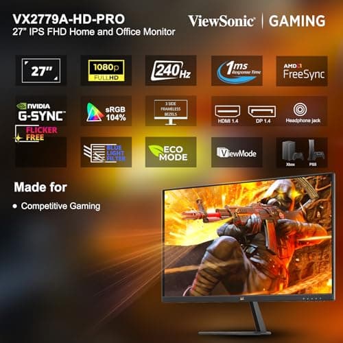 ViewSonic VX2779A-HD-PRO 27 inch (68.5 cm) FHD IPS Gaming Monitor | 240Hz | 1ms MPRT | HDR10 | AMD FreeSync Premium | SuperClear IPS | Eye Care | HDMI, DisplayPort | Ultra Slim Frameless Design 2