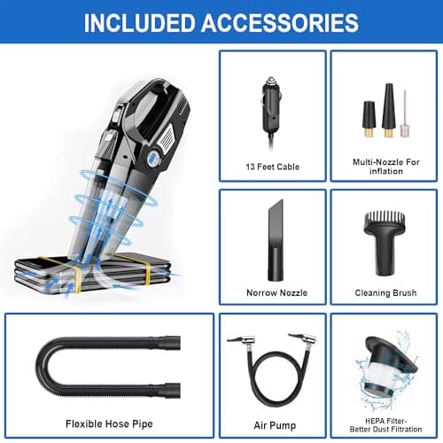 kapicon KP-CVC30 Car Vacuum Cleaner with Tyre Inflator 8000Pa Suction Power Wet & Dry Cleaning LED Light 13FT Cord Portable Handheld Vacuum for Car 2