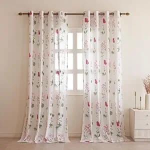 HOMEMONDE Linen Texture Sheer Curtains for Window - Sun Light Filtering 5 Feet Curtain Set of 2, Pink Floral Printed, Hangs with Eyelets - (L 5FT x W 4.5FT)