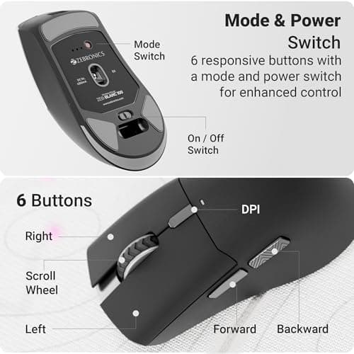 ZEBRONICS Rechargeable Wireless Mouse, Dual Mode 2.4GHz + BT, Upto 2400 DPI, 6 Buttons, USB Nano Receiver, Type-C, Silent Operation, Ergonomic Design (Blanc 100, Black) 5