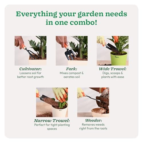 UGAOO Gardening Tools Kit for Home Garden – 5 Pcs Garden Tools Set with Cultivator, Fork, Narrow Trowel, Wide Trowel & Weeder | Heavy Duty Planting Tools for Home Gardening 3