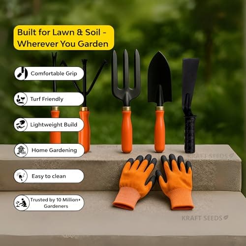 Kraft Seeds by 10CLUB Essential Gardening Hand Tools - 6 pieces | Gardening Tool Set Combo | Durable Home Garden Tool Kit for Soil | Cultivator | Fork Trowel | Weeder | Khurpi | Garden Gloves 6
