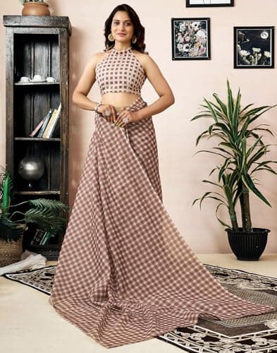 SIRIL Women's Chanderi Cotton Printed Ready to Wear with Pocket Saree with Unstitched Blouse Piece (47RS436_Brown) 2