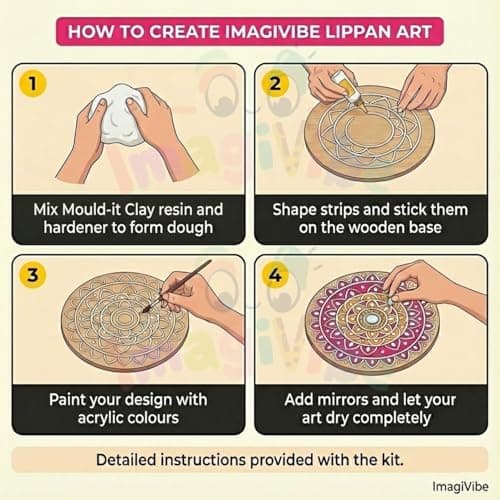 ImagiVibe DIY Mini Lippan Art Kit for Kids & Adults | 2 Pre-Marked 6 Inch MDF Boards | Indian Folk Art Painting Kit with Clay, Mirrors & Pastel Tempera Colours | Creative Art & Craft Kit for Gifting,  5