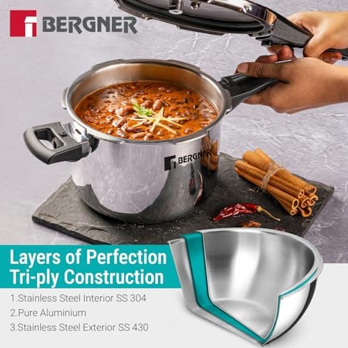 Bergner Argent Elements Triply Stainless Steel 2.5 L Outer Lid Pressure Cooker, Healthy Cooking, Even Heat Distribution, Sturdy Handle, Easy Lock System, Safety Gasket - Induction and Gas Stove Ready 4